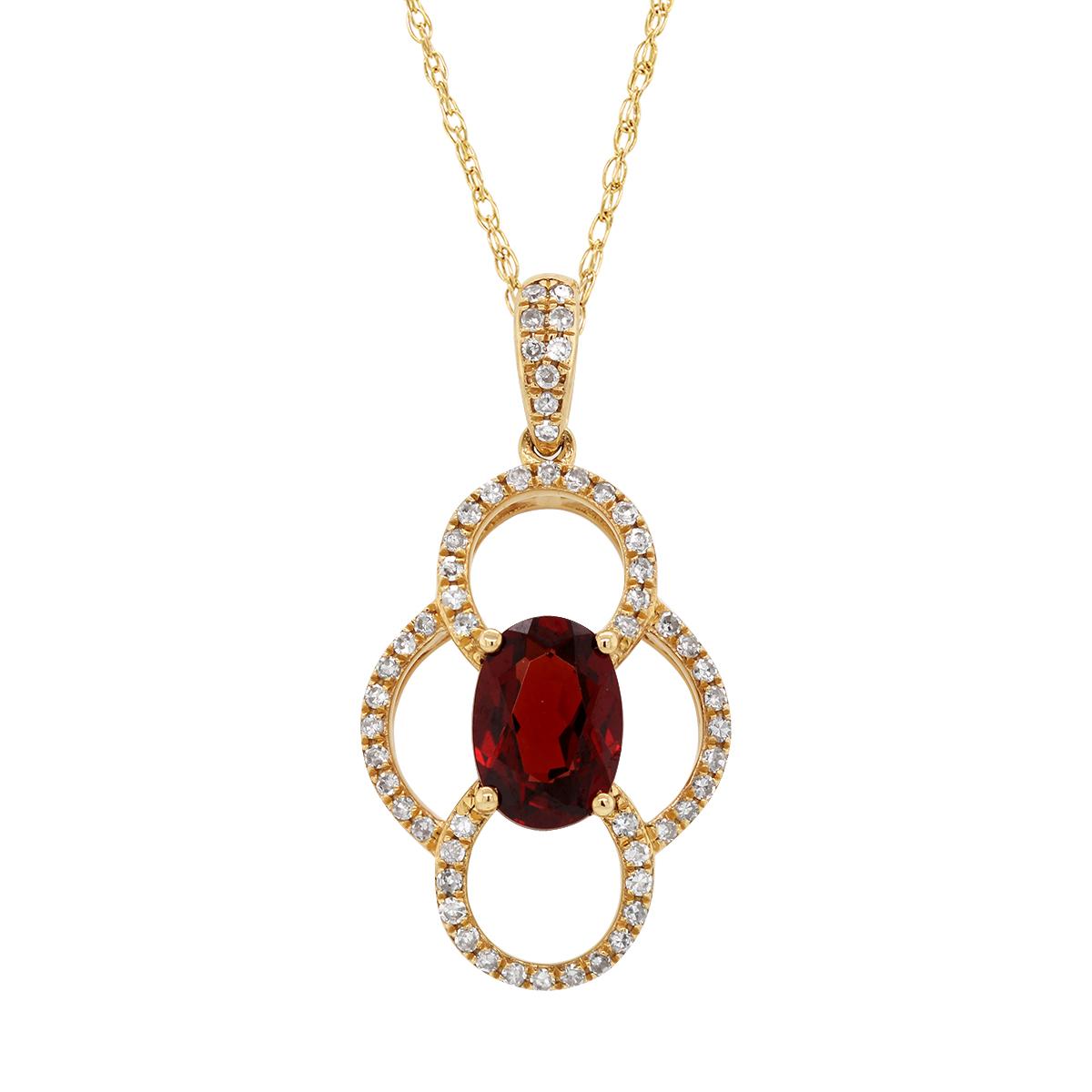 YELLOW GOLD OVAL GARNET AND DIAMOND PENDANT NECKLACE, .15 CT TW