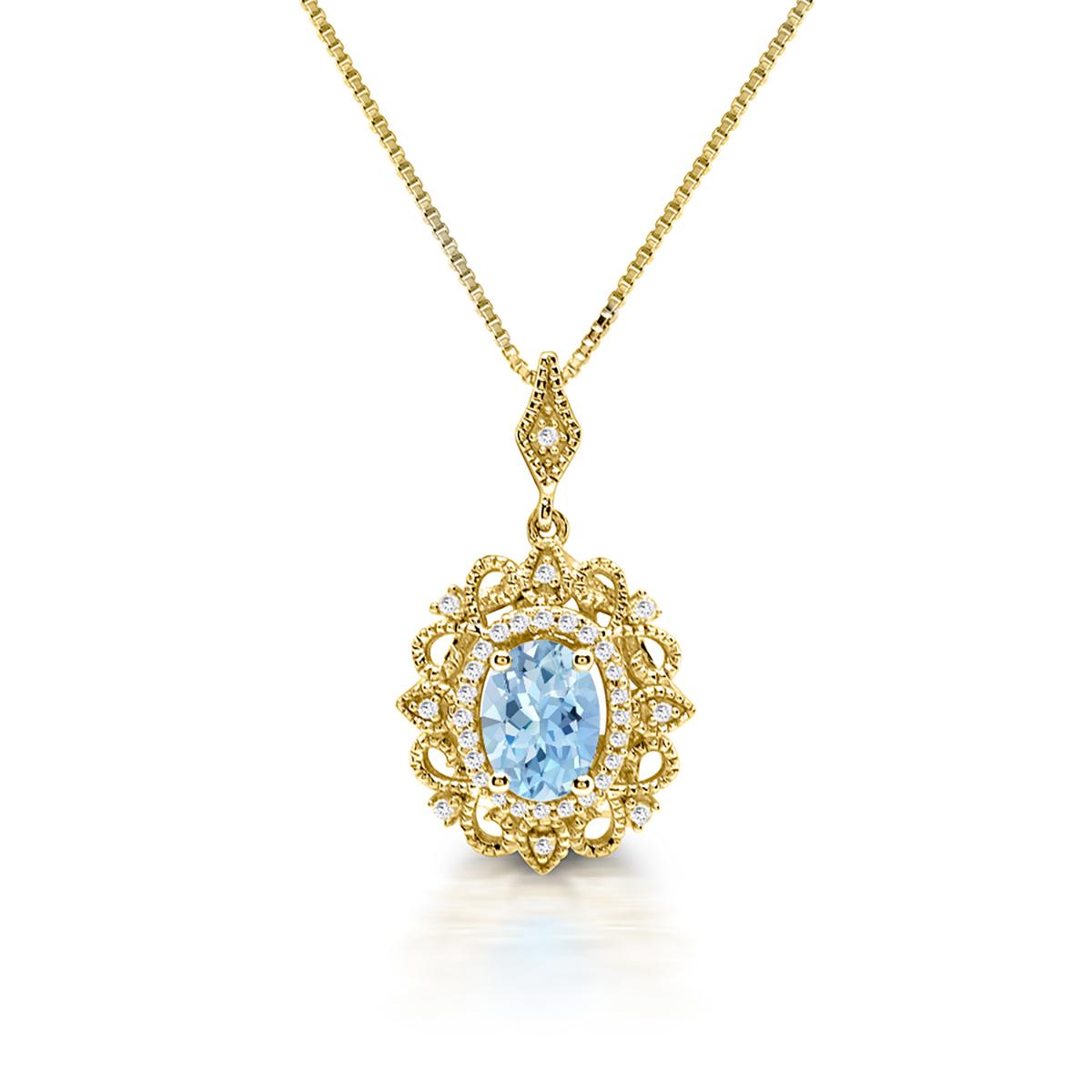 YELLOW GOLD NECKLACE WITH OVAL CUT AQUAMARINE PENDANT AND DIAMONDS