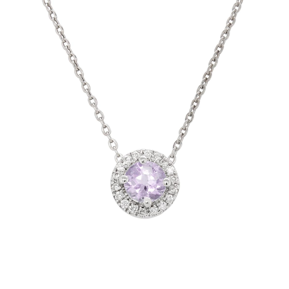 WHITE GOLD SYNTHETIC ALEXANDRITE NECKLACE WITH DIAMOND HALO, .05 CT TW