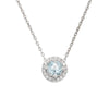 WHITE GOLD AQUAMARINE NECKLACE WITH DIAMOND HALO, .05 CT TW