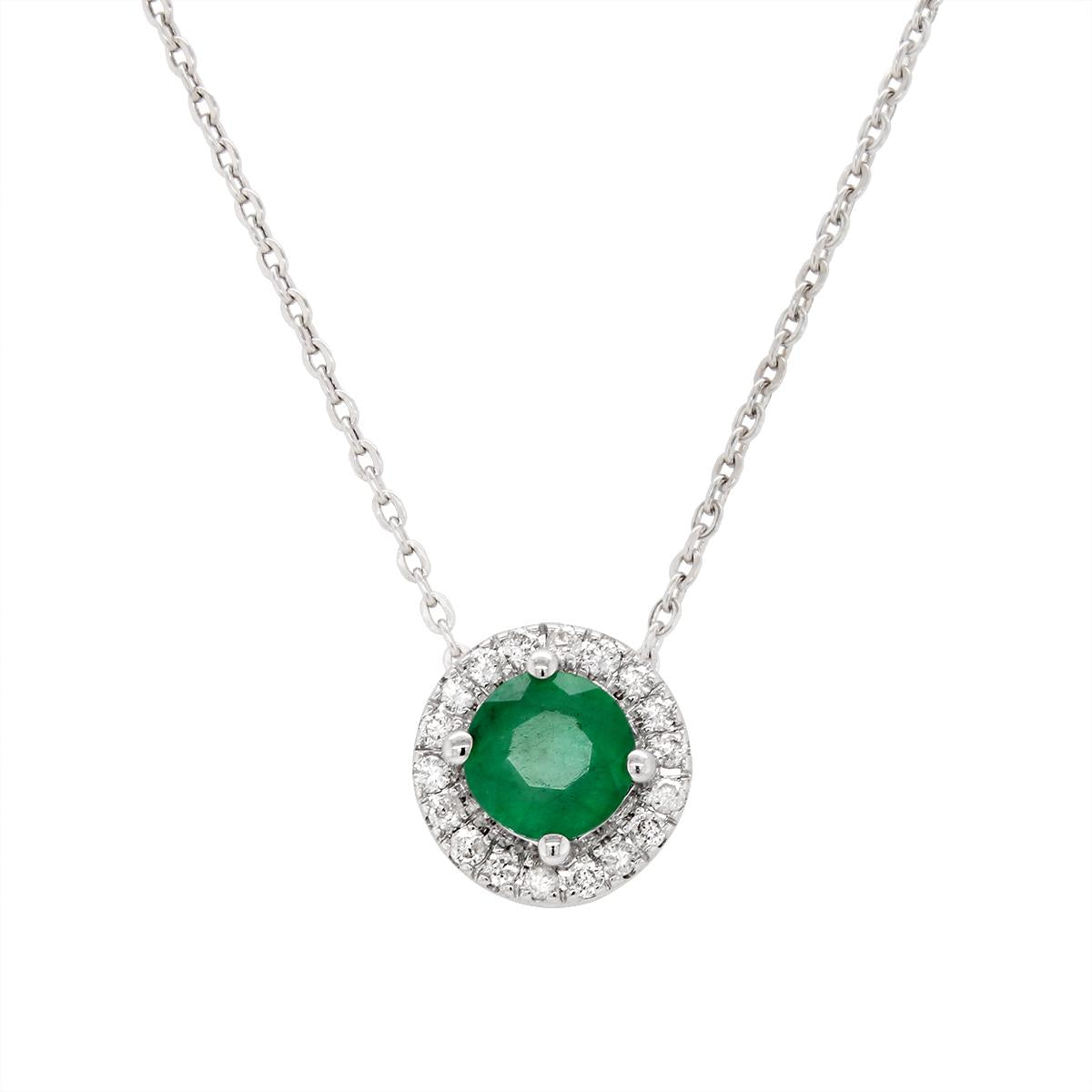 WHITE GOLD EMERALD NECKLACE WITH DIAMOND HALO, .05 CT TW