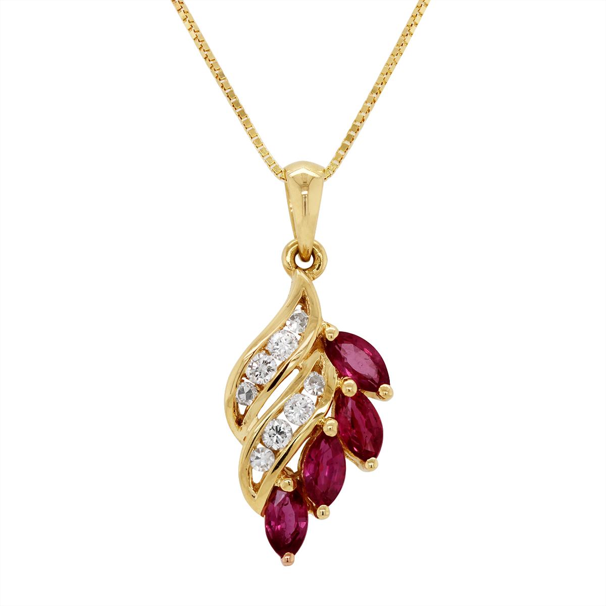 YELLOW GOLD NECKLACE WITH MARQUISE RUBIES AND ROUND DIAMONDS, 1/5 CT TW