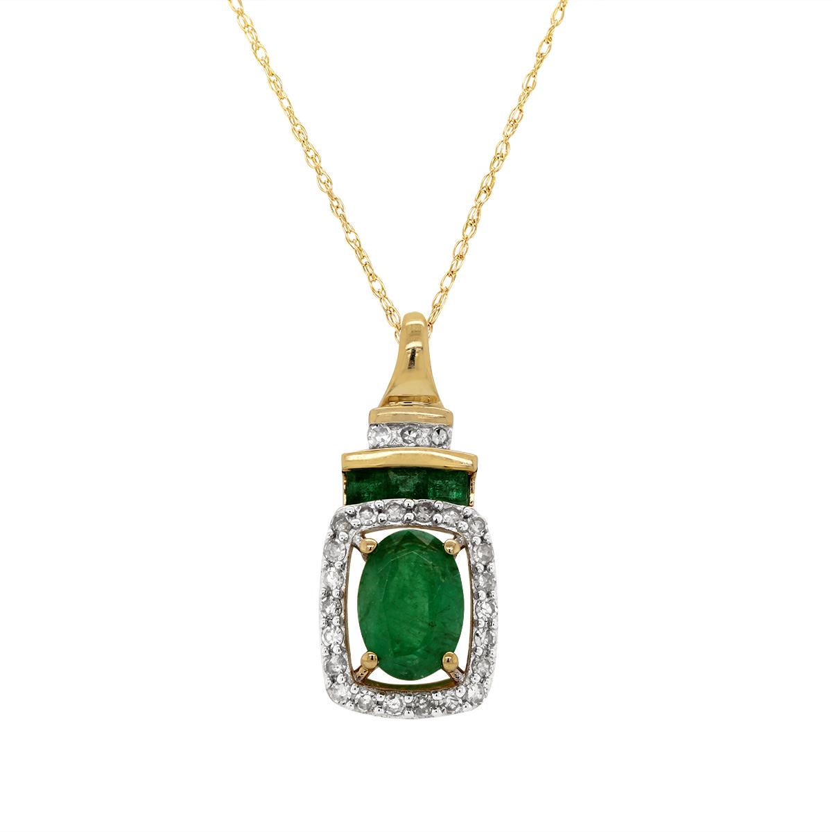 YELLOW GOLD PENDANT WITH EMERALDS AND DIAMONDS, 1/4 CT TW