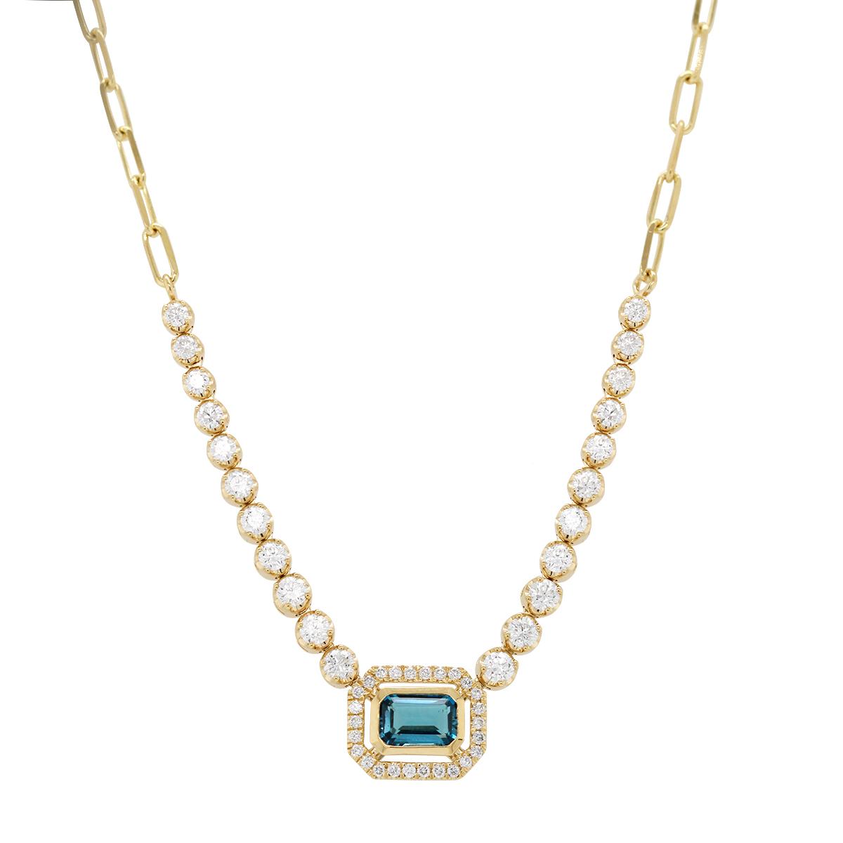 YELLOW GOLD NECKLACE WITH LONDON BLUE TOPAZ AND DIAMONDS, 1.08 CT TW