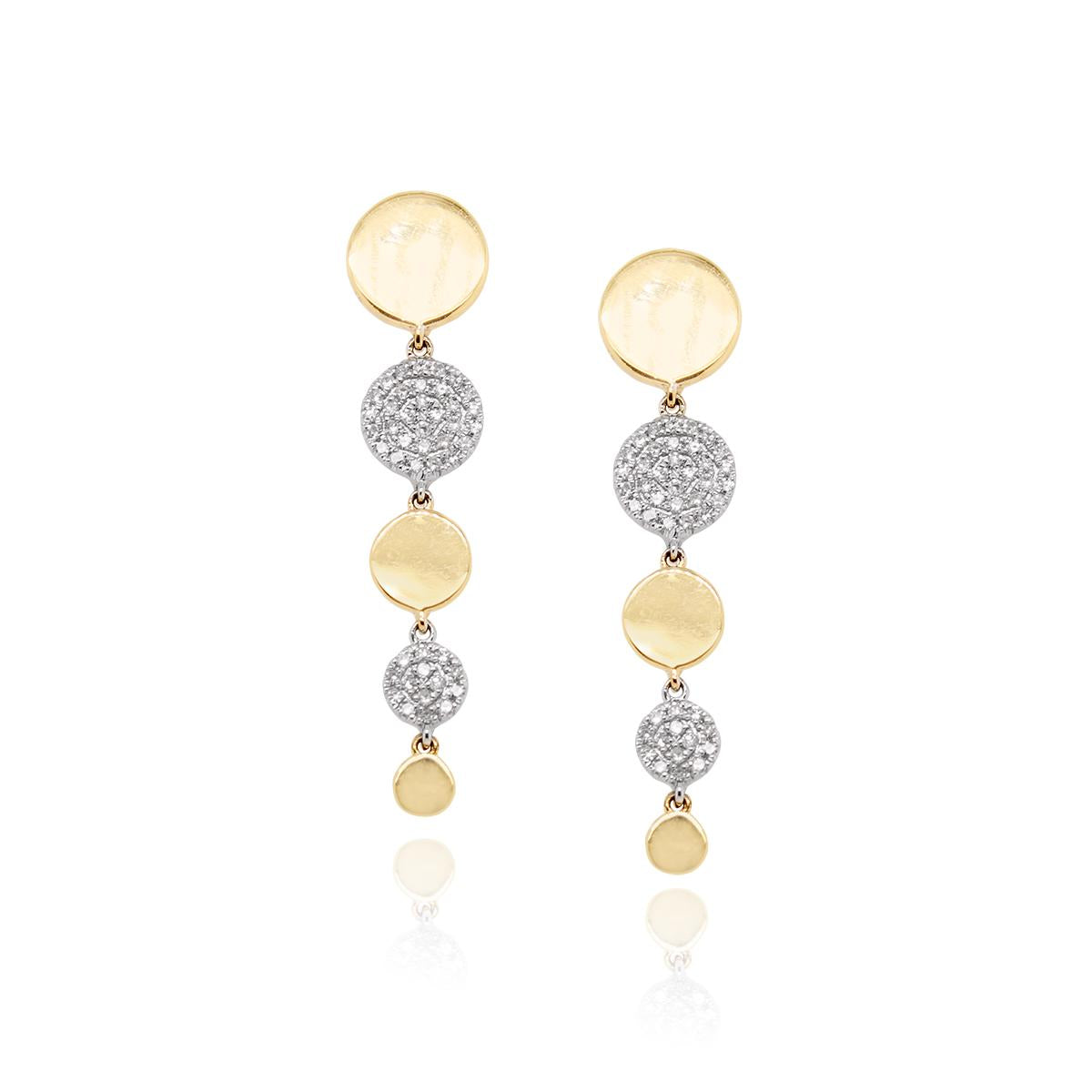 TWO-TONE GOLD AND DIAMOND DANGLE EARRINGS WITH ROUND DESIGN, .20 CT TW