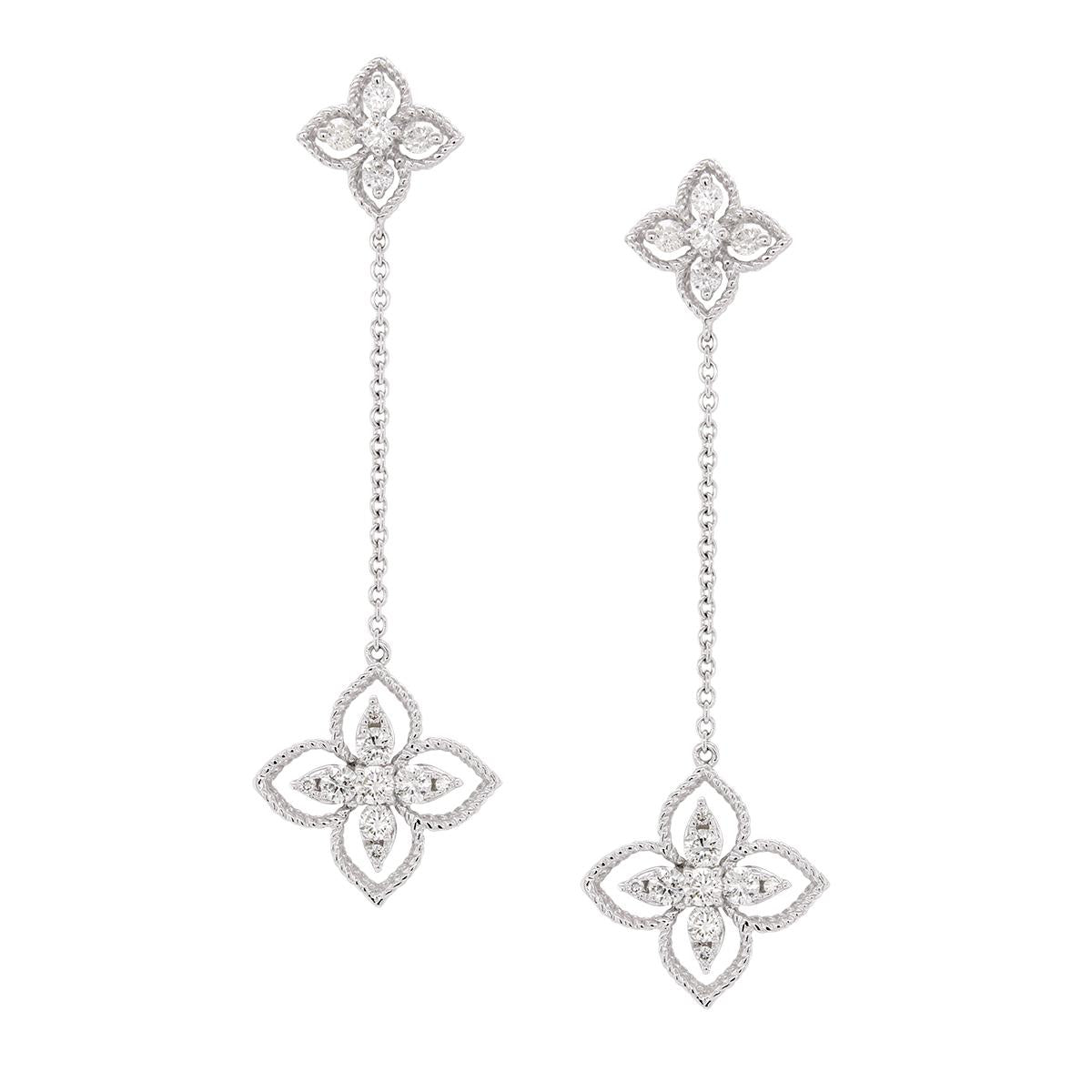 WHITE GOLD FLORAL STYLE DIAMOND DANGLE EARRINGS, .61 CT TW