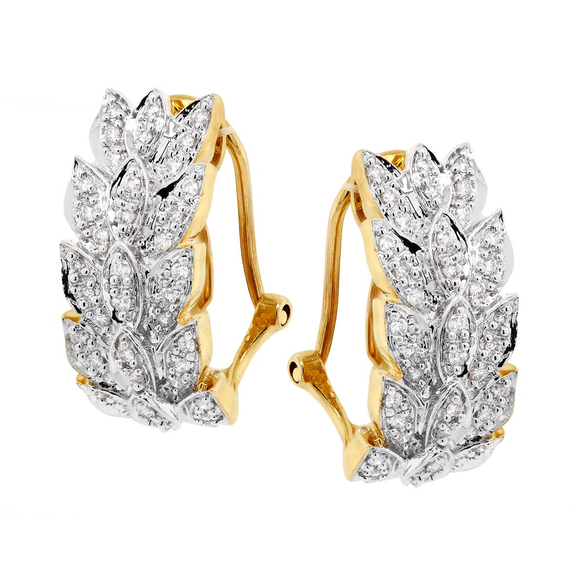 TWO-TONE GOLD DIAMOND HOOP EARRINGS WITH LEAF DESIGN, 1/2 CT TW