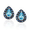 WHITE GOLD STUD EARRINGS WITH PEAR SHAPED BLUE TOPAZ AND SAPPHIRE HALOS