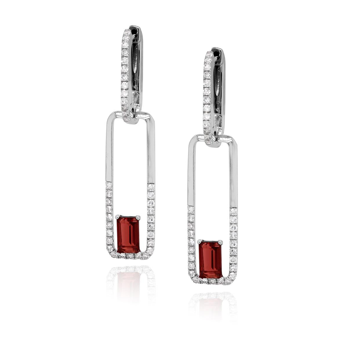 WHITE GOLD PAPERCLIP STYLE GARNET AND DIAMOND DANGLE EARRINGS, .36 CT TW