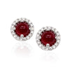WHITE GOLD CLASSIC RUBY STUD EARRINGS WITH DIAMOND HALO, .10 CT TW