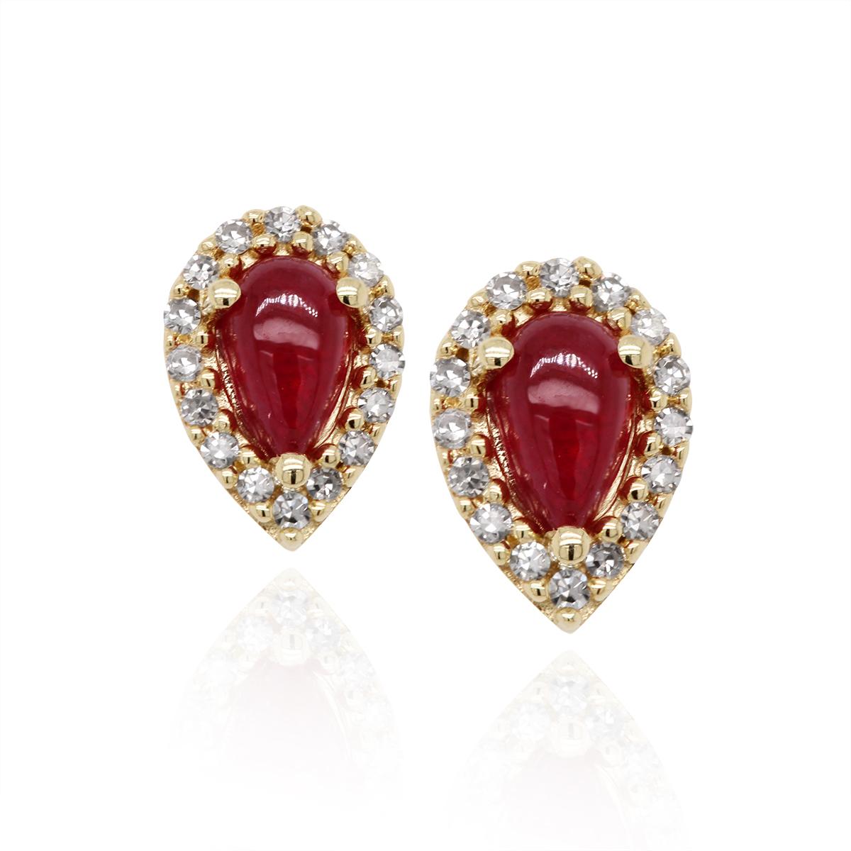 YELLOW GOLD STUD EARRINGS WITH PEAR SHAPED RUBIES AND DIAMOND HALOS, .09 CT TW