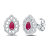 WHITE GOLD STUD EARRINGS WITH PEAR SHAPED CABOCHON CUT RUBIES AND SIDE DIAMONDS, .32 CT TW