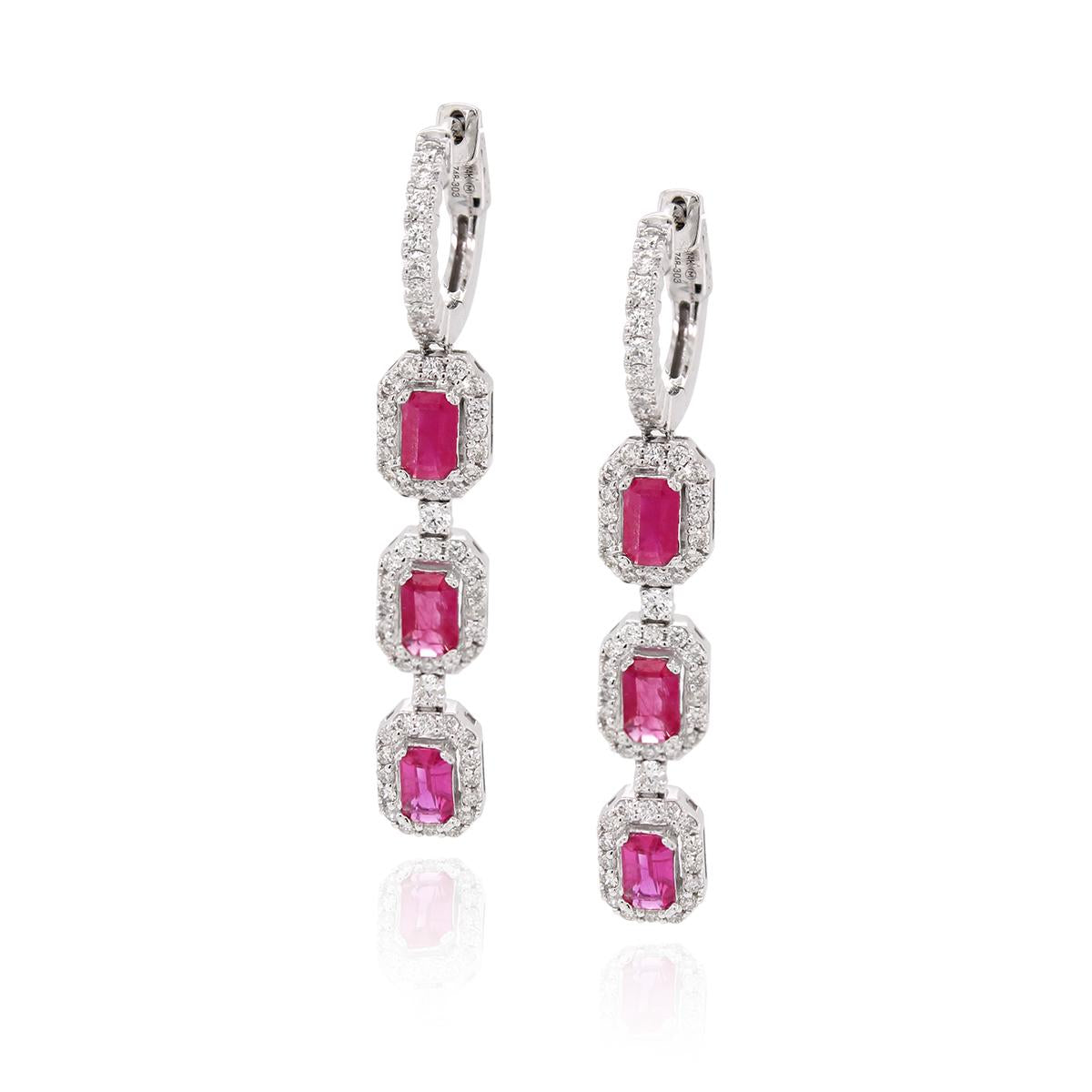 WHITE GOLD DANGLE EARRINGS WITH RUBIES AND DIAMONDS, .88 CT TW