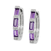 WHITE GOLD HOOP EARRINGS WITH BAGUETTE AMETHYSTS AND ROUND DIAMONDS, .05 CT TW