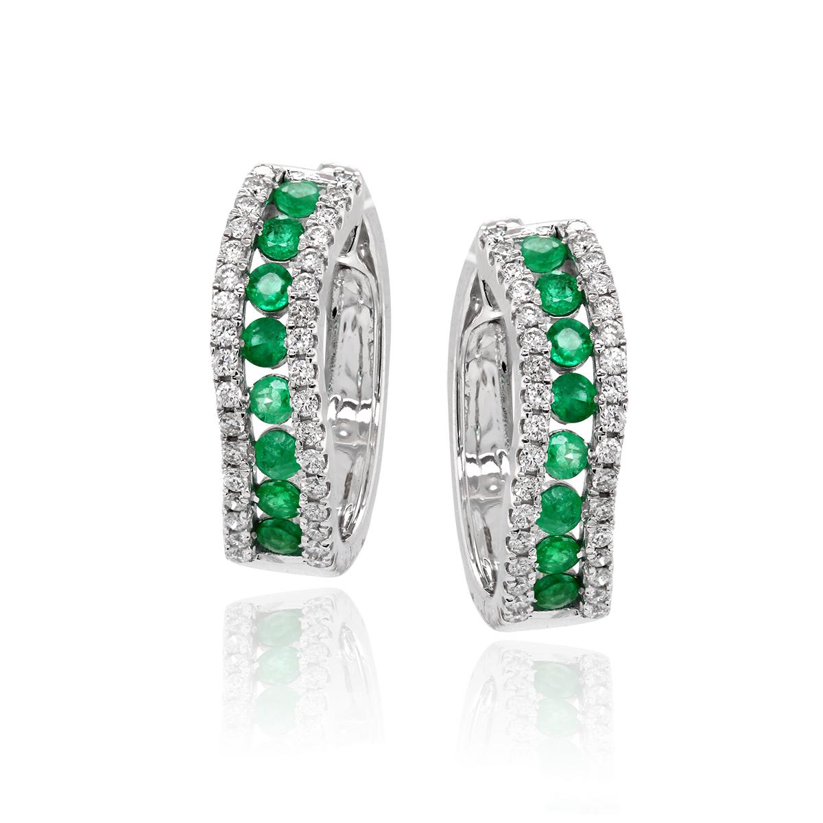 WHITE GOLD HOOP EARRINGS WITH EMERALDS AND DIAMONDS, .42 CT TW