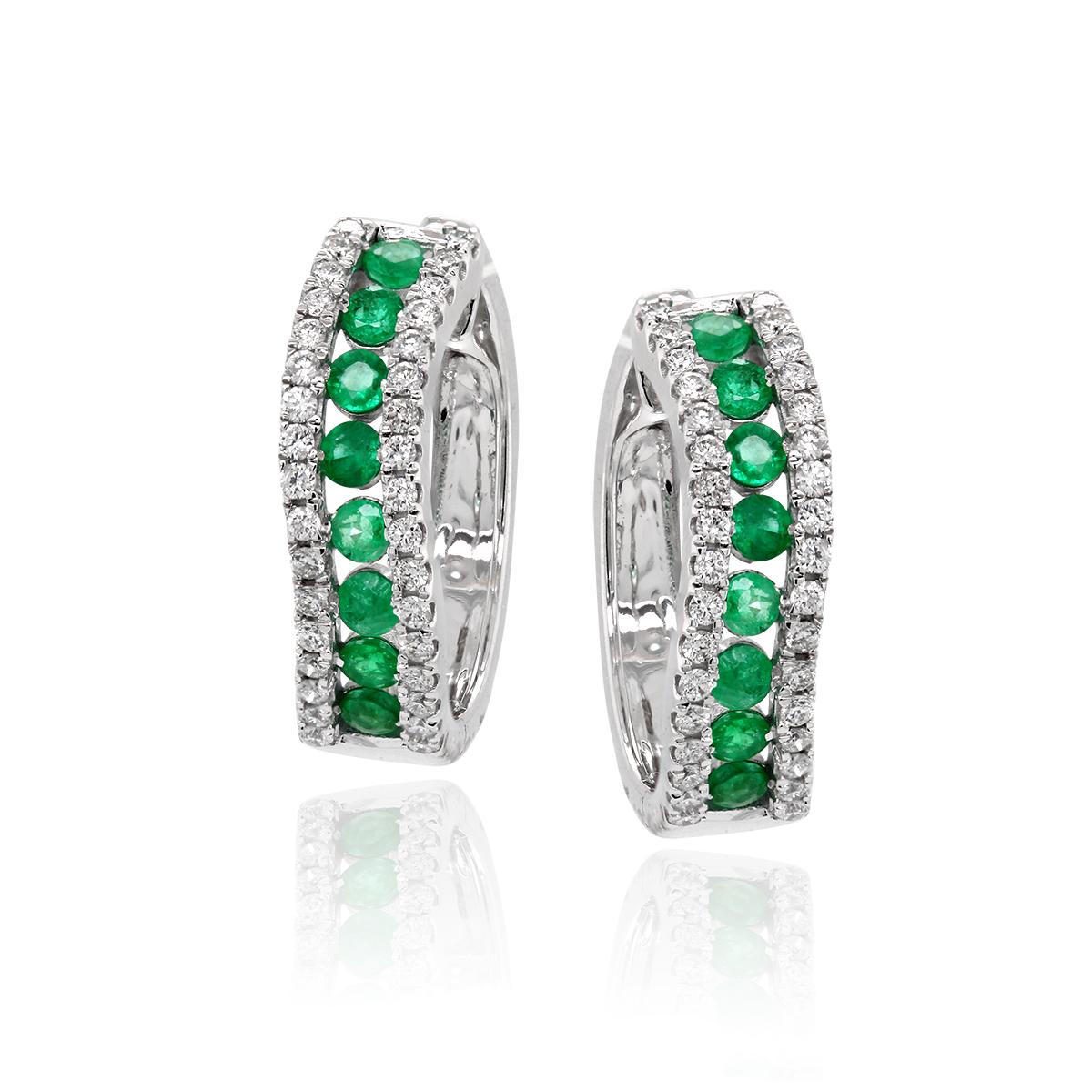 WHITE GOLD HOOP EARRINGS WITH EMERALDS AND DIAMONDS, CT TW