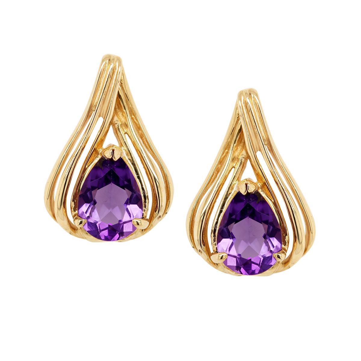 YELLOW GOLD PEAR SHAPED AMETHYST EARRINGS