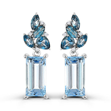 MODERN WHITE GOLD EARRINGS WITH BLUE TOPAZ AND DIAMONDS, .03 CT TW
