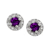 WHITE GOLD AMETHYST STUD EARRINGS WITH DIAMOND HALOS, .10 CT TW