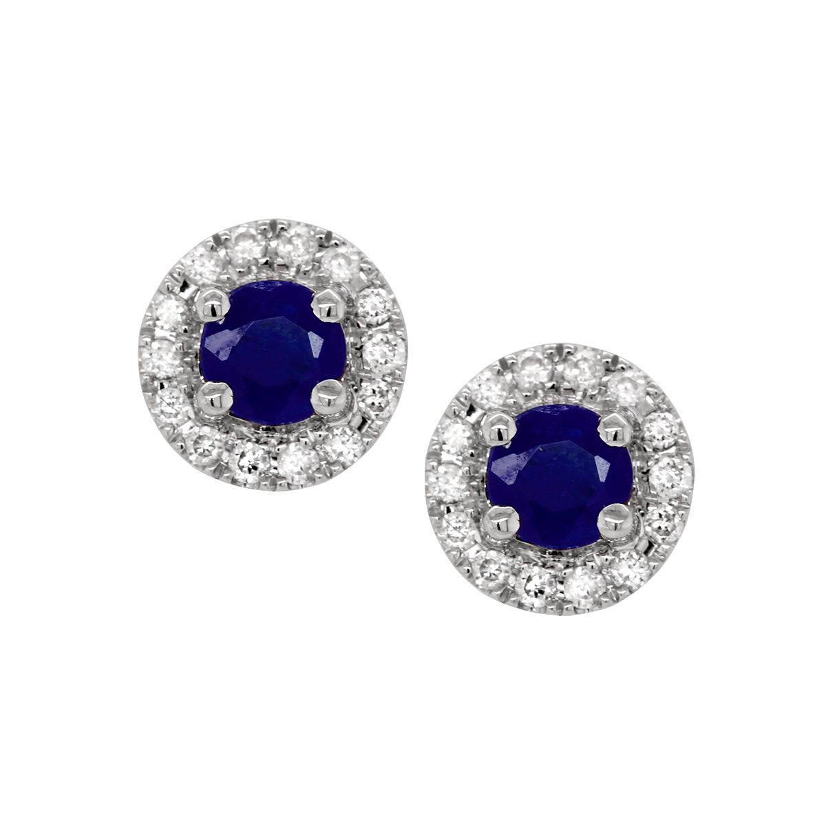 WHITE GOLD SAPPHIRE STUD EARRINGS WITH DIAMOND HALOS, .10 CT TW