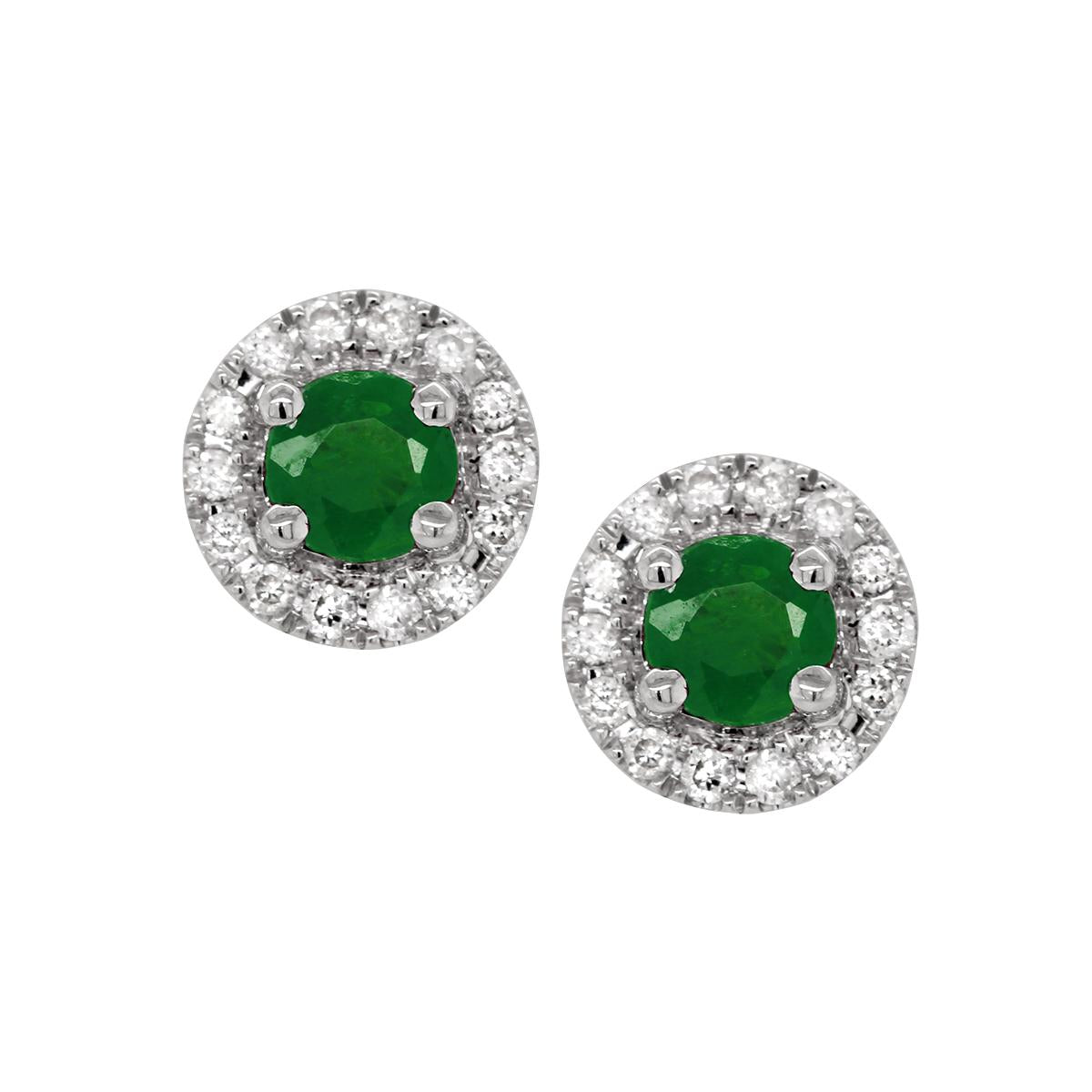 WHITE GOLD EMERALD STUD EARRINGS WITH DIAMOND HALOS, .10 CT TW