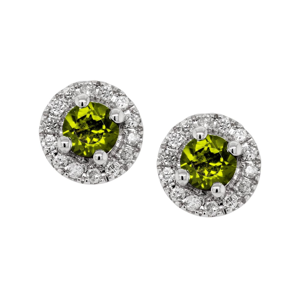 WHITE GOLD PERIDOT STUD EARRINGS WITH DIAMOND HALOS, .10 CT TW