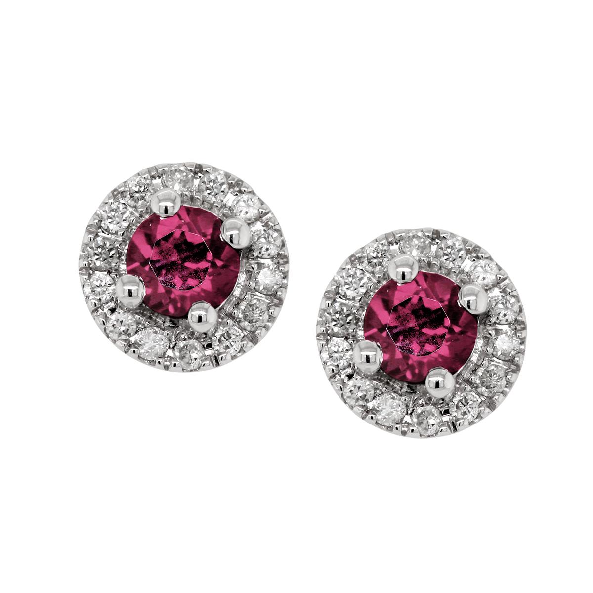 WHITE GOLD PINK TOURMALINE STUD EARRINGS WITH DIAMOND HALOS, .10 CT TW