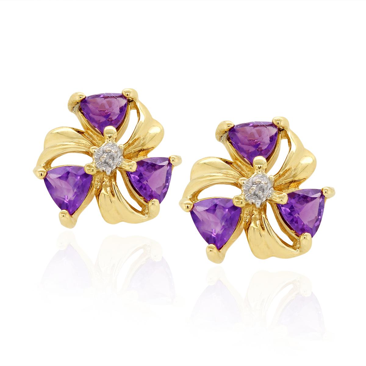 YELLOW GOLD STUD EARRINGS WITH TRILLION CUT AMETHYST AND ROUND DIAMONDS, .01 CT TW