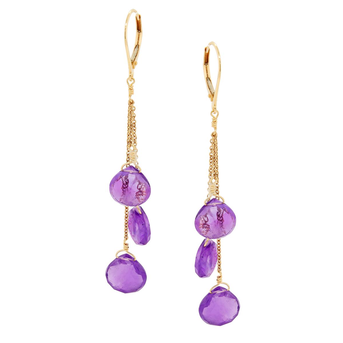 YELLOW GOLD DANGLE EARRINGS WITH FANCY CUT AMETHYSTS