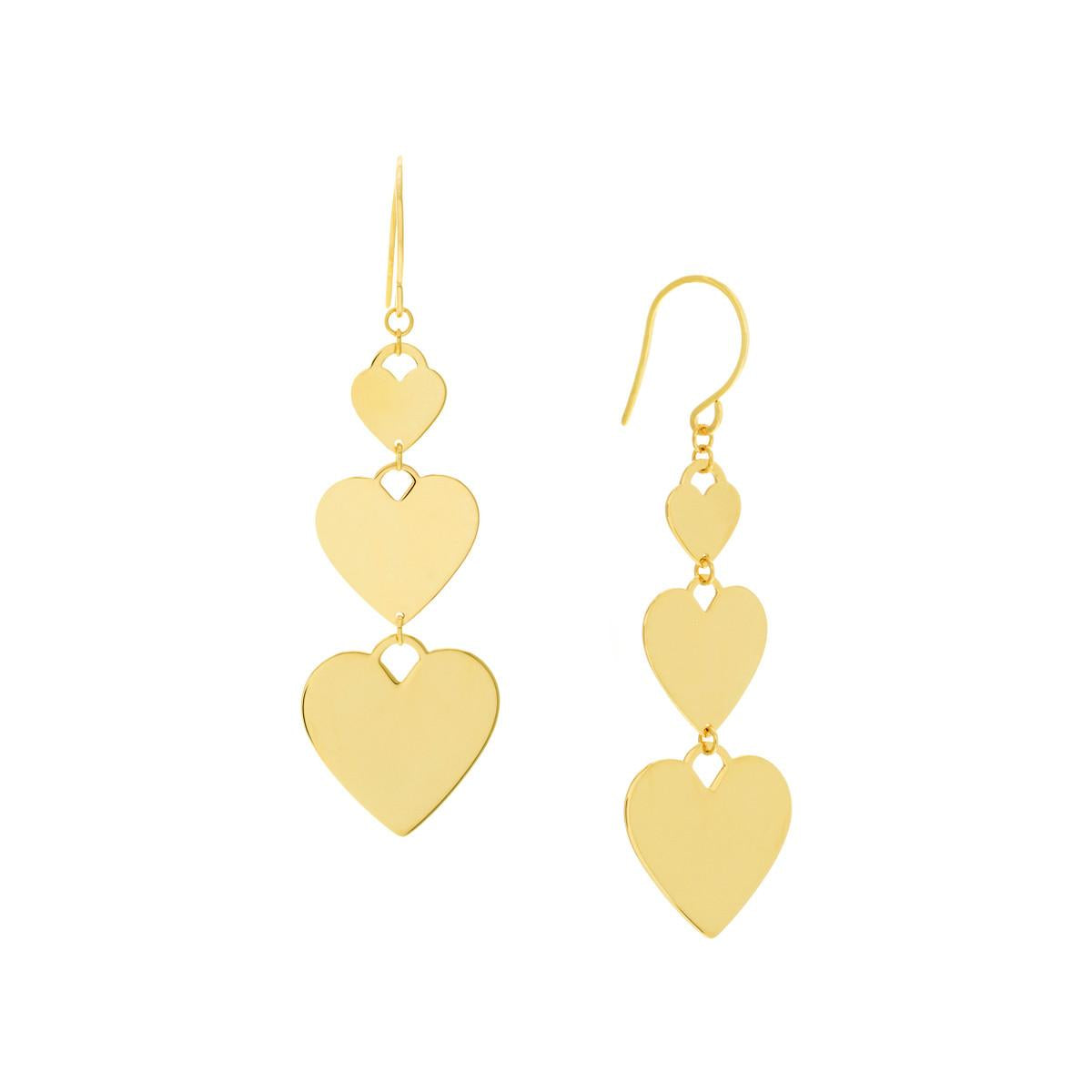 YELLOW GOLD TRIPLE HEART DANGLE EARRINGS