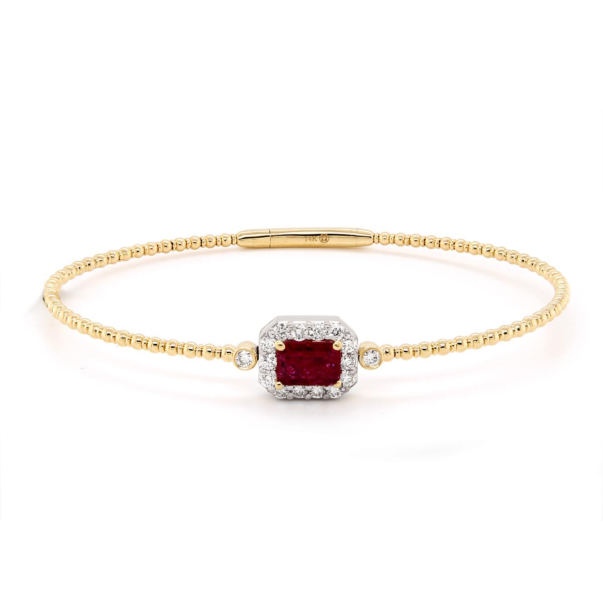 YELLOW GOLD BANGLE BRACELET WITH RUBY AND DIAMOND HALO, .42 CT TW