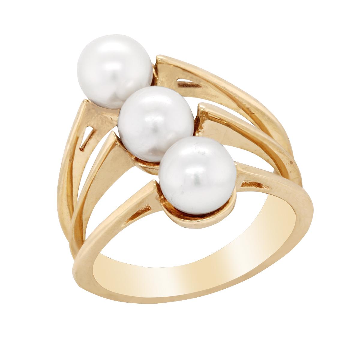 YELLOW GOLD FASHION RING WITH OPEN SHANK AND 3 PEARLS