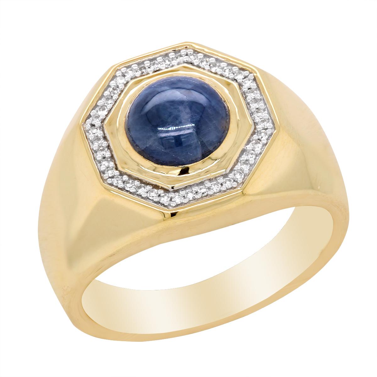 MEN&#39;S YELLOW GOLD FASHION RING WITH CABOCHON CUT SAPPHIRE CENTER AND DIAMOND HALO, .12 CT TW