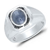MEN&#39;S WHITE GOLD FASHION RING WITH OVAL SHAPED CABOCHON CUT SAPPHIRE AND SIDE BLACK DIAMONDS, .03 CT TW