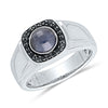 MEN&#39;S WHITE GOLD FASHION RING WITH OVAL SHAPED CABOCHON SAPPHIRE AND BLACK DIAMOND HALO, .19 CT TW
