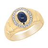 MEN&#39;S YELLOW GOLD FASHION RING WITH OVAL SHAPED CABOCHON SAPPHIRE AND DIAMOND HALO, .08 CT TW