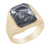 MEN&#39;S YELLOW GOLD FASHION RING WITH AN INTAGLIO DESIGN CARVED INTO HEMATITE