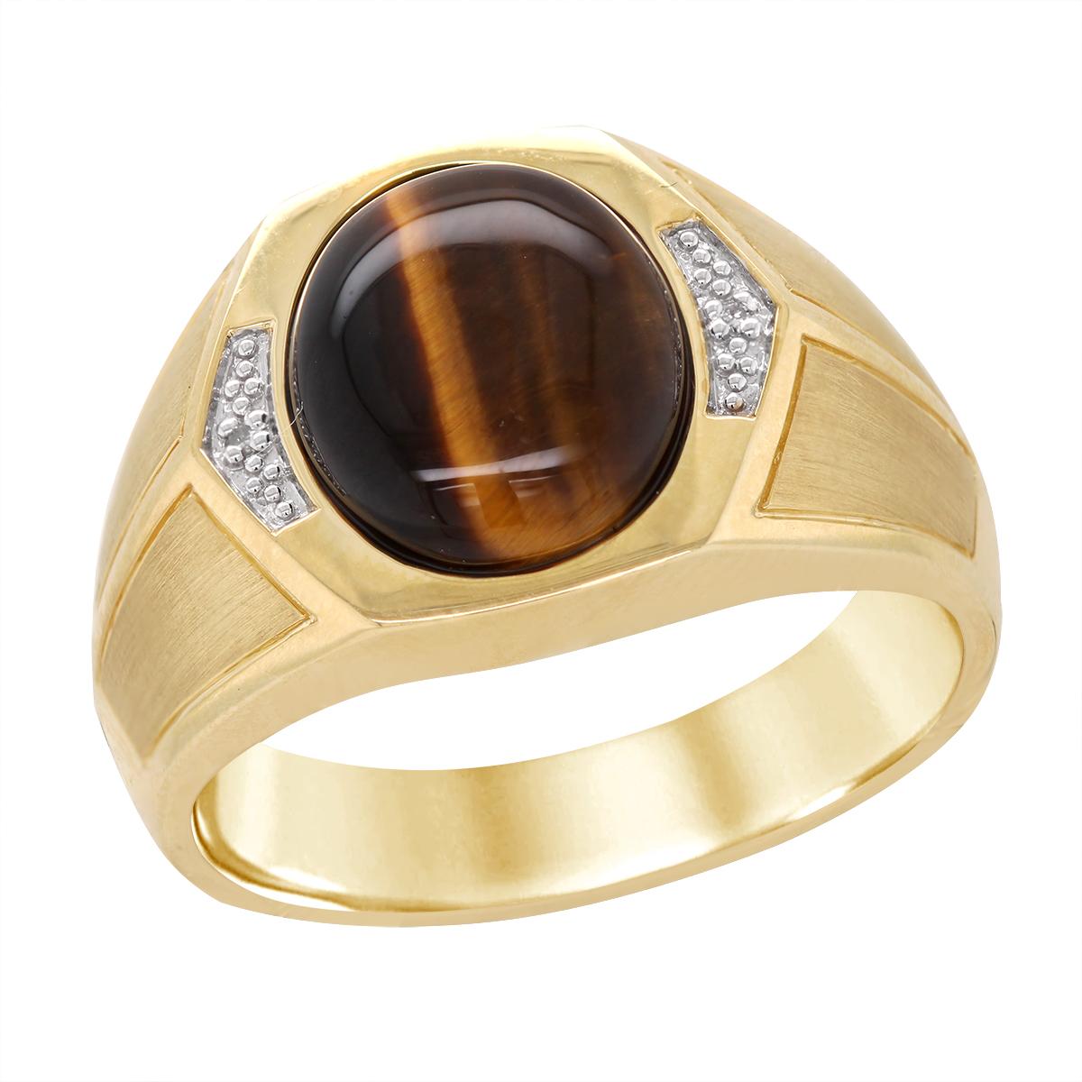 YELLOW GOLD GENTS FASHION RING WITH TIGER EYE AND DIAMONDS, .006 CT TW