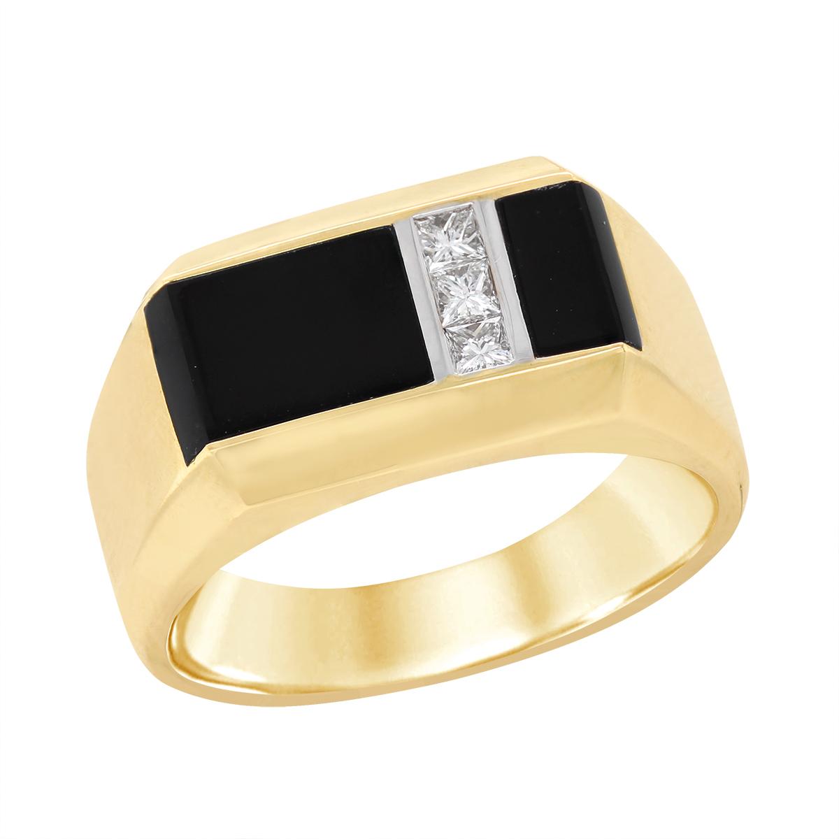 MEN'S TWO-TONE GOLD RING WITH BLACK AGATE AND 3 PRINCESS CUT DIAMONDS, .22  CT TW