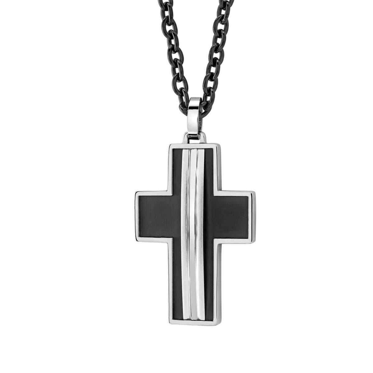 MEN&#39;S BLACK PLATED STAINLESS STEEL CHAIN AND CROSS PENDANT