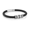 MEN&#39;S STAINLESS STEEL AND BLACK LEATHER BRACELET