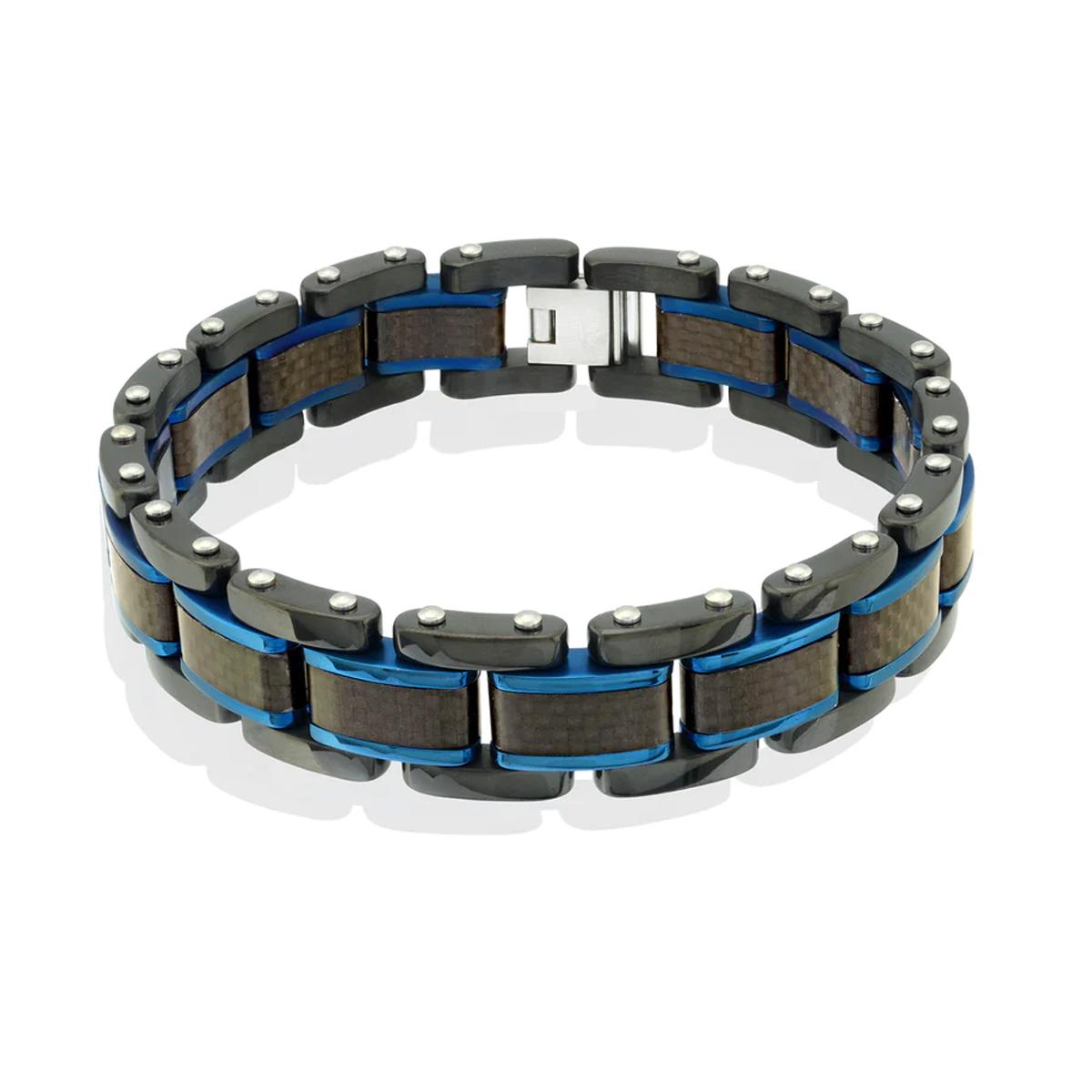 MEN&#39;S STAINLESS STEEL BRACELET WITH BLUE AND BLACK ION PLATING