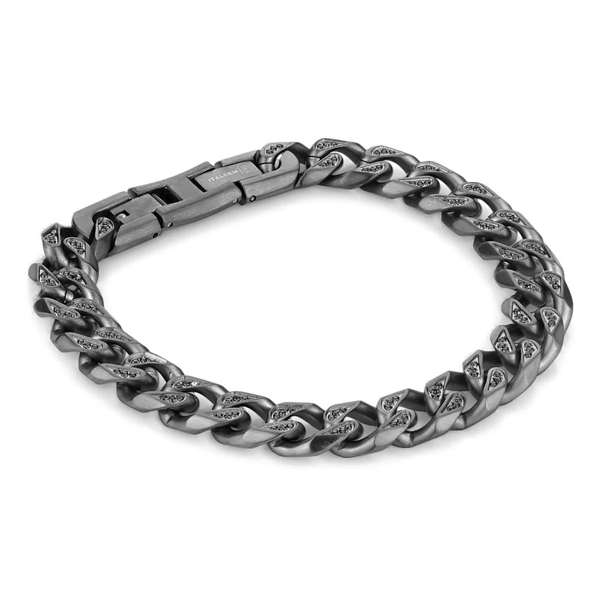 GUNMETAL STAINLESS STEEL CUBAN LINK BRACELET WITH BLACK CZS, 10.5MM