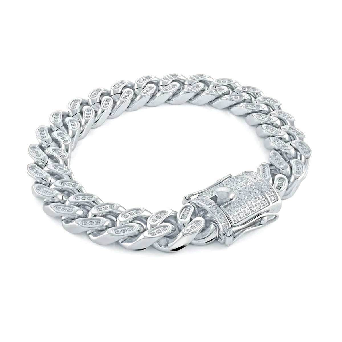 MEN&#39;S STAINLESS STEEL CUBAN LINK BRACELET WITH CUBIC ZIRCONIA, 14MM WIDE