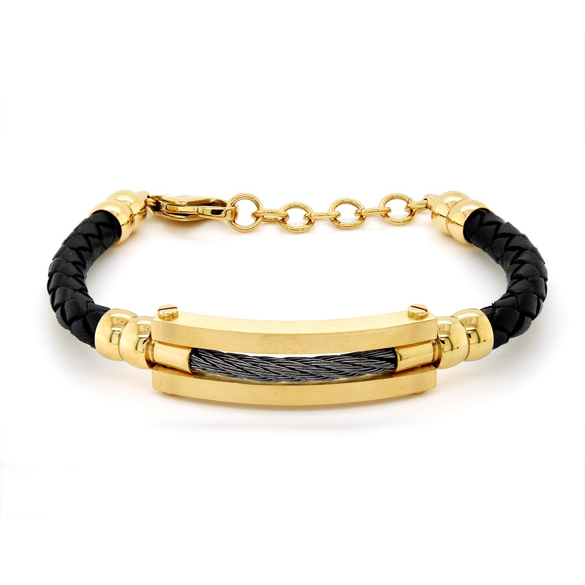 GENTS GOLD ION PLATED STEEL AND LEATHER BRACELET