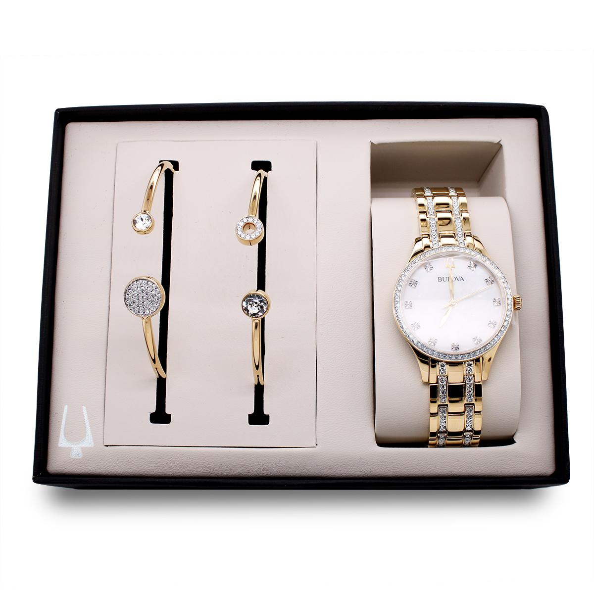 YELLOW TONE STAINLESS STEEL LADIES BULOVA WATCH AND BRACELET SET