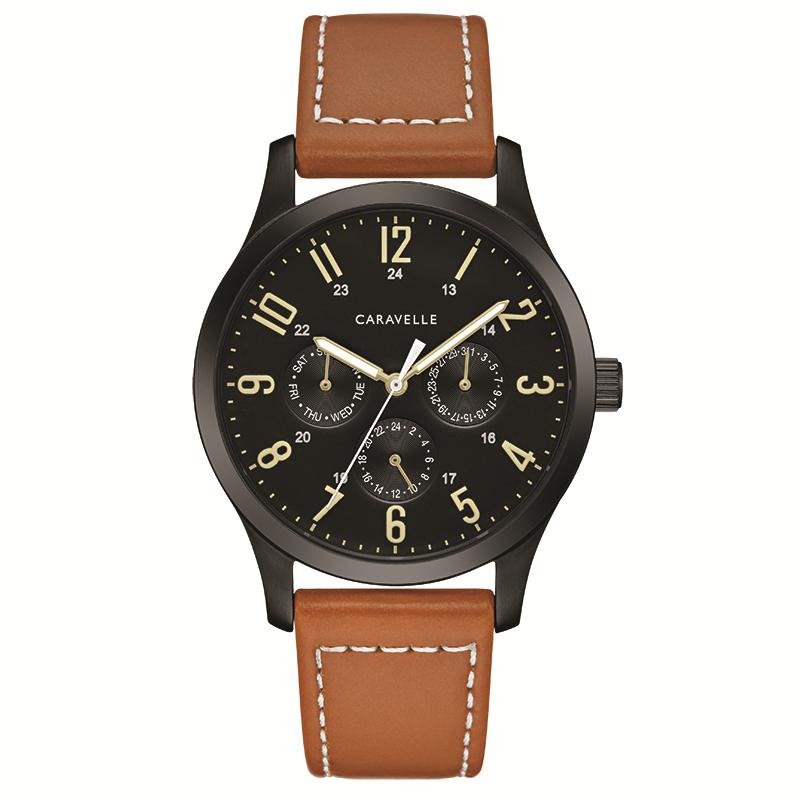 TRADITIONAL BLACK STAINLESS STEEL GENTS WATCH WITH CAMEL LEATHER STRAP