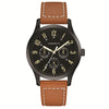 TRADITIONAL BLACK STAINLESS STEEL GENTS WATCH WITH CAMEL LEATHER STRAP