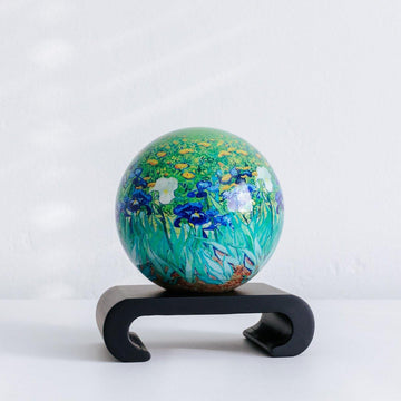 SPINNING GLOBE OF VAN GOGH'S IRISES WOTH ARCHED BLACK BASE, 4.5 INCH DIAMETER