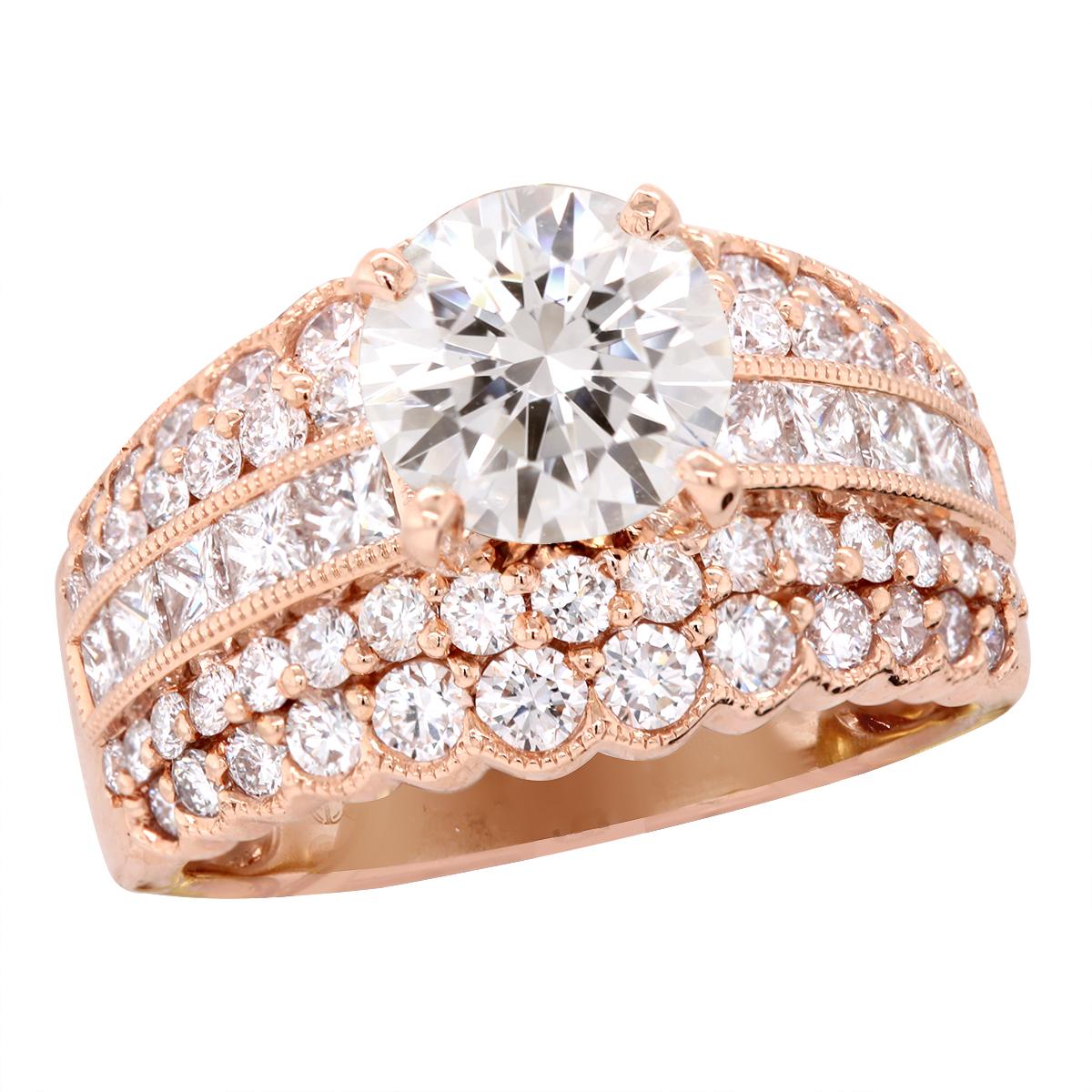 ROSE GOLD ENGAGEMENT RING SETTING WITH 68 SIDE DIAMONDS, 1.90 CT TW